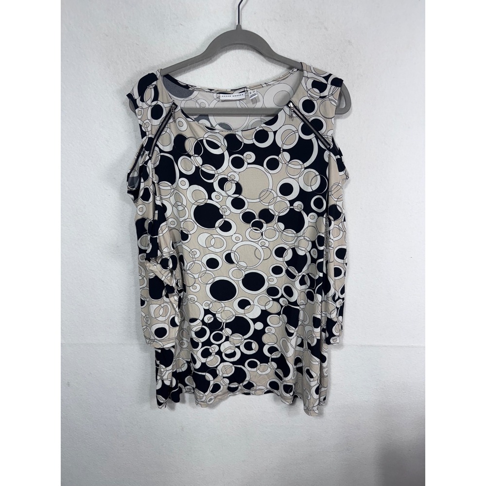 Susan‎ Graver Top Women Cold Shoulder Geometric Circle Print Black Tan 3X - Picture 3 of 7